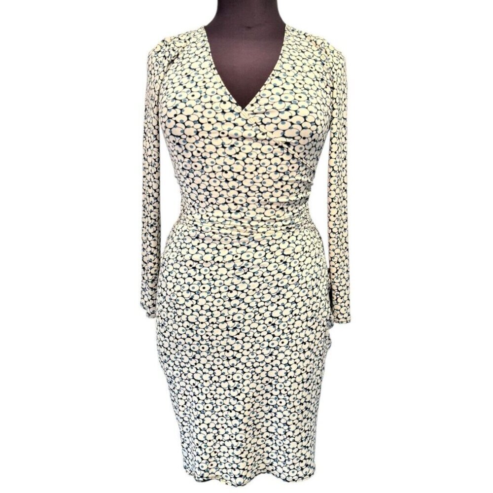 Max Studio MSSP Wrap Dress Long Sleeve Jersey Med V Neck Ruch Waist Blue‎ White